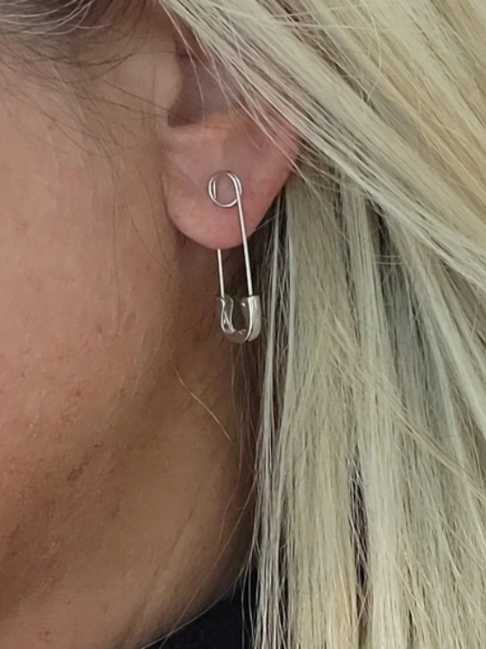 Sterling Silver Safety Pin Drop Earrings - Silver